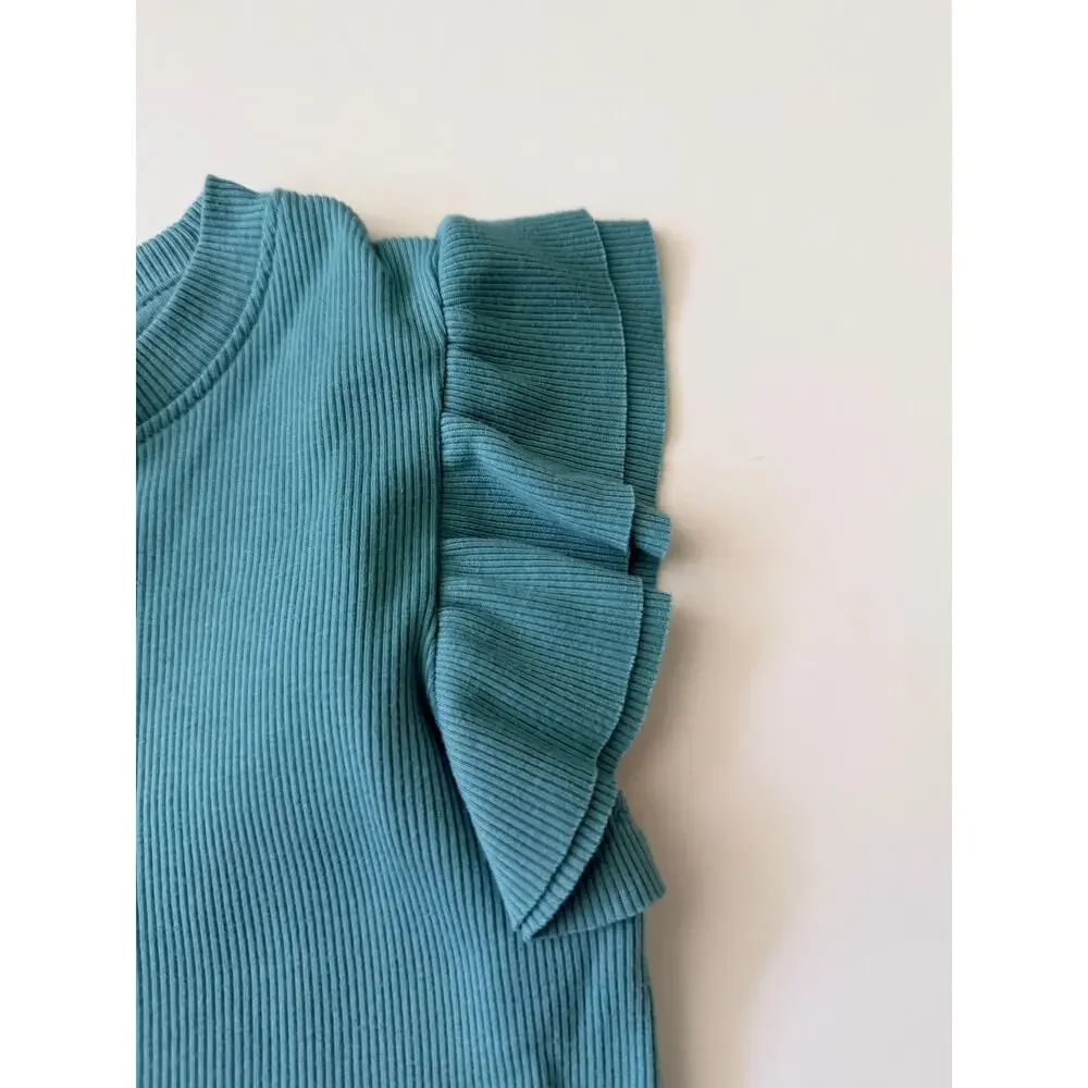 Cat & Jack Girls' Ribbed Ruffle Short Sleeve Top - Teal